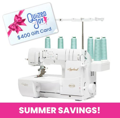 A white Baby Lock Applaud Deluxe Coverhem Machine with teal thread spools, a $400 quilting gift card wrapped with a pink bow, and a pink banner at the bottom reading SUMMER SAVINGS!.