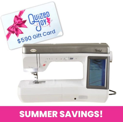 A Baby Lock Ballad Sewing and Quilting Machine with 60 days FREE online classes, plus a $590 Quilted Joy gift card with a pink bow, displayed above a bright pink SUMMER SAVINGS! banner in white text.