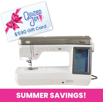 A Baby Lock Ballad Sewing and Quilting Machine with 60 days FREE online classes, plus a $590 Quilted Joy gift card with a pink bow, displayed above a bright pink SUMMER SAVINGS! banner in white text.