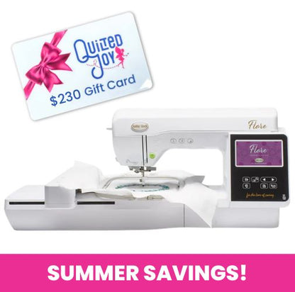 A white Baby Lock Flare Dedicated Embroidery Machine with FREE Online Classes and a $230 Quilted Joy gift card sits beneath bold SUMMER SAVINGS! text on a bright pink banner—perfect for your Memorial Day special.