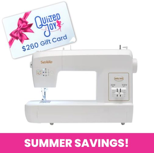A white Baby Lock Sashiko 2 Specialty Stitch Machine sits beneath a “Quilted Joy $260 Gift Card,” with a pink banner below reading “SUMMER SAVINGS!” in bold white letters, all set against a white background.