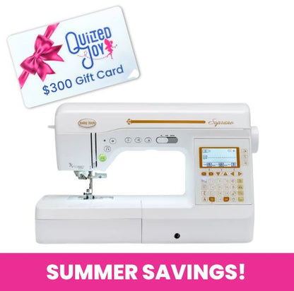 A Baby Lock Soprano Sewing & Quilting Machine with digital display is pictured next to a $300 Quilted Joy gift card. Below, a bold white “SUMMER SAVINGS!” message appears on a pink banner.