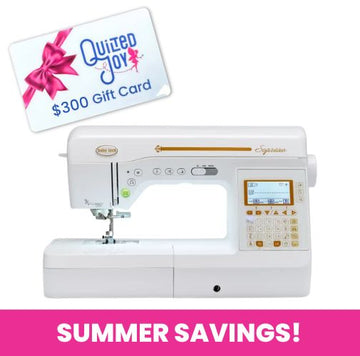 A Baby Lock Soprano Sewing & Quilting Machine with digital display is pictured next to a $300 Quilted Joy gift card. Below, a bold white “SUMMER SAVINGS!” message appears on a pink banner.