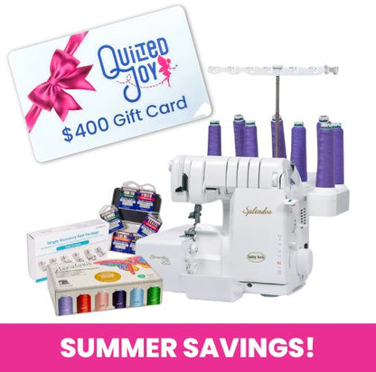 The Baby Lock Splendor 8-Thread Combination Serger with ExtraordinAir™ Threading includes purple thread spools, sewing accessories, a colorful thread box, and a $400 Quilted Joy gift card. Summer Savings! Pink background.