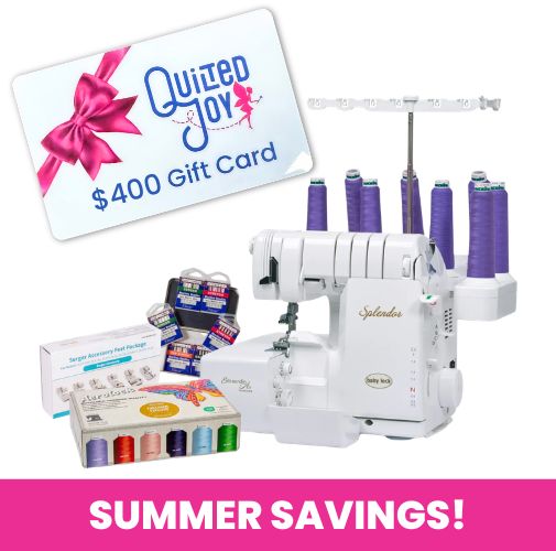The Baby Lock Splendor 8-Thread Combination Serger with ExtraordinAir™ Threading includes purple thread spools, sewing accessories, a colorful thread box, and a $400 Quilted Joy gift card. Summer Savings! Pink background.