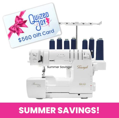 A $560 Quilted Joy gift card sits above a Baby Lock Triumph Serger Machine with blue thread spools and RevolutionAir threading. "SUMMER SAVINGS!" is displayed in bold white text on a pink background.