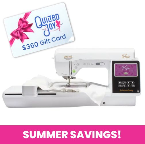 A $360 Quilted Joy gift card, a Baby Lock Vesta Sewing & Embroidery Machine with fabric, and a bright pink "SUMMER SAVINGS!" banner at the bottom.