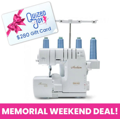 A Baby Lock Acclaim Serger Machine BLES4 with blue thread cones is displayed, featuring Automatic Thread Delivery. On top is a $280 Quilted Joy gift card with a pink bow, and a pink banner below says Memorial Weekend Deal!.
