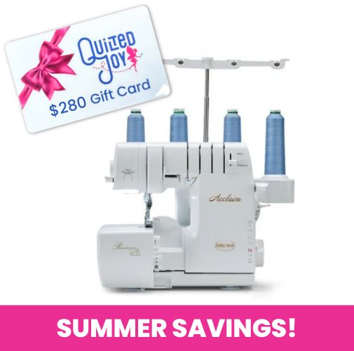 A white Baby Lock Acclaim Serger Machine BLES4 by Baby Lock with blue thread spools sits under a $280 Quilted Joy gift card. “SUMMER SAVINGS!” is boldly displayed on pink, highlighting Automatic Thread Delivery and RevolutionAir Threading.