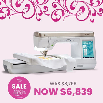 A Baby Lock Aerial Embroidery and Sewing Machine with 60 days of FREE online classes stitches fabric above a pink swirl graphic. IQ Technology. National Embroidery Month Sale: Was $8,799, now $6,839.