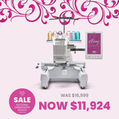 A Quilted Joy Baby Lock Array 6 Needle Embroidery Machine is shown with colorful threads. Text: Was $16,999, Now $11,924. A pink circle says SALE National Embroidery Month February, with pink swirls at the top.