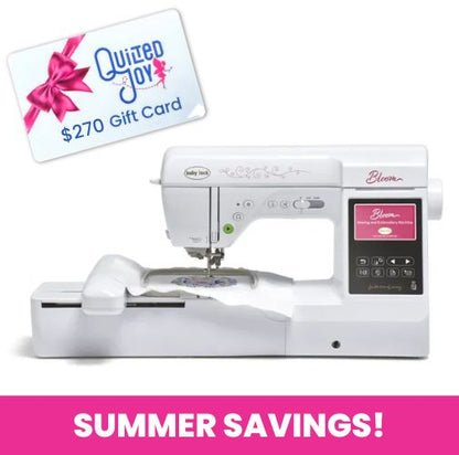 The Baby Lock Bloom Sewing & Embroidery Machine with digital screen and built-in designs is shown below a $270 Quilted Joy gift card. “SUMMER SAVINGS!” stands out in bold white text on a bright pink banner at the bottom.
