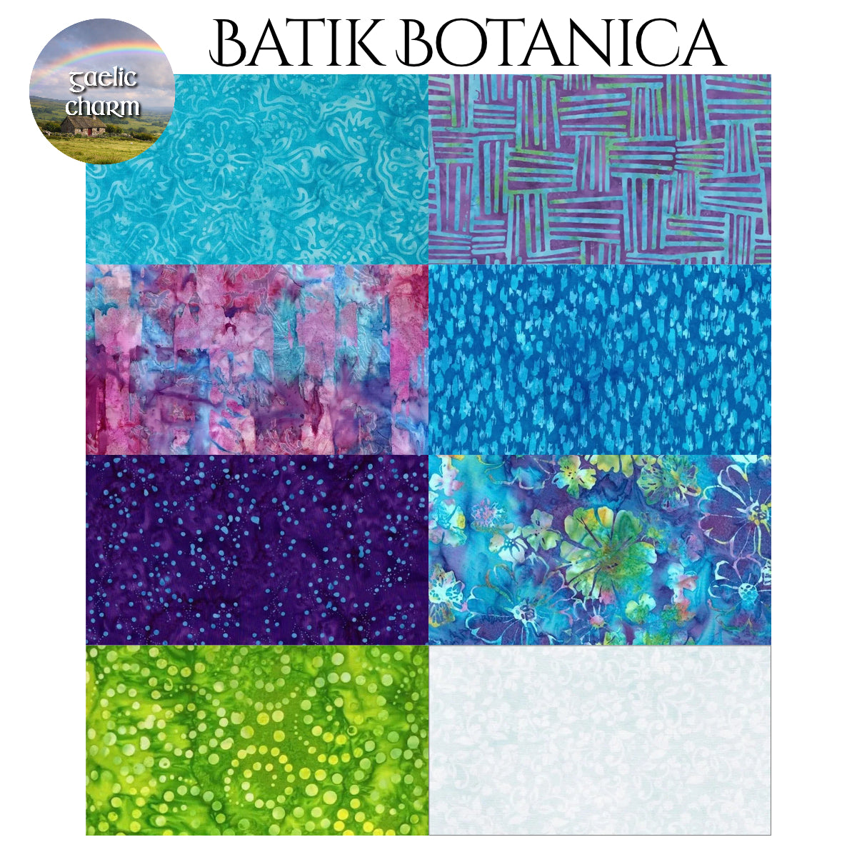 Batik Botanica fabric swatches showing nine blue purple green colorways for quilt kit