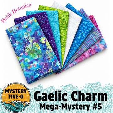 Mystery Five-0 Batik Botanica fat quarter bundle with blue purple green batik fabrics