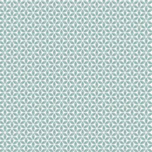 Geo Flower Teal/White Fabric Yardage features a light blue geometric pattern of overlapping circles forming a floral or star motif on white, creating a delicate, textured look similar to classic Benartex teal and white fabrics.