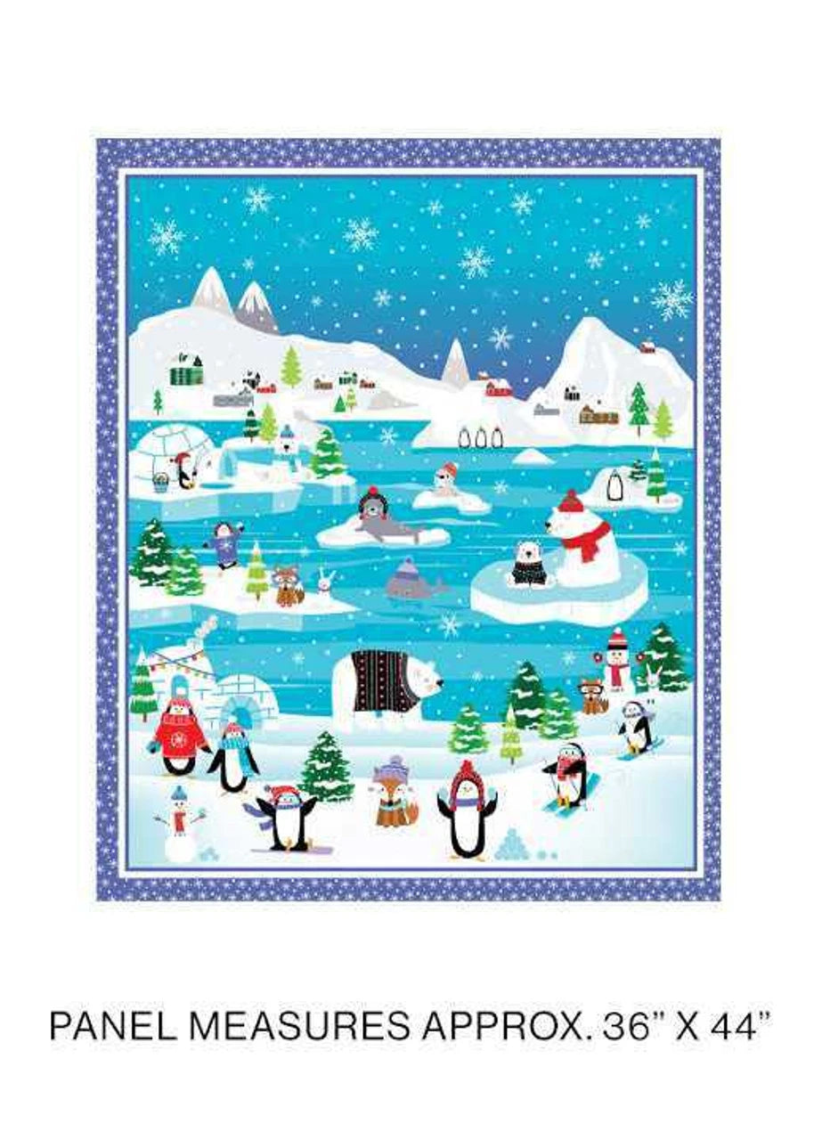 The Snow Fun Panel Multi Fabric Panel features a colorful winter scene with penguins, polar bears, and kids playing on ice and snow, set against snowy mountains and trees. It has a blue border and measures about 36" x 44".