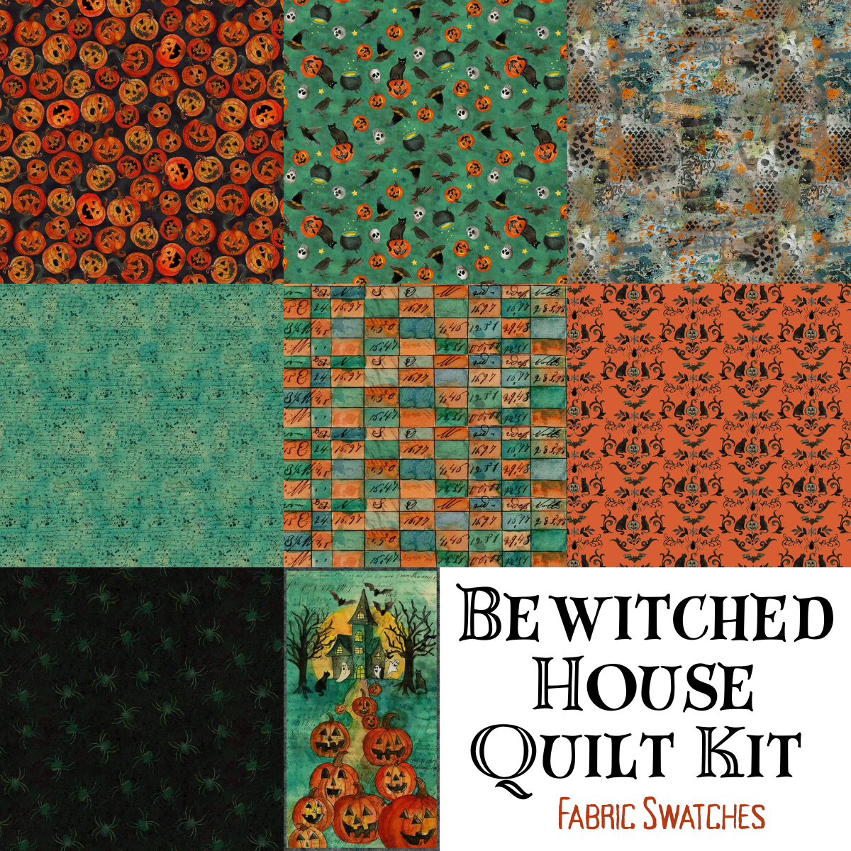 Nine Halloween-themed fabric swatches featuring pumpkins, bats, witches, and checks in black and orange from the Quilted Joy Bewitched House Quilt Kit collection are displayed in a grid.