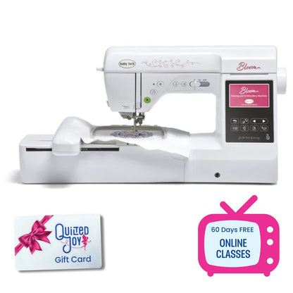 A Baby Lock Bloom Sewing & Embroidery Machine with digital screen, Quilted Joy gift card, pink 60 Days FREE ONLINE CLASSES icon, and Black Friday bonus bundle.