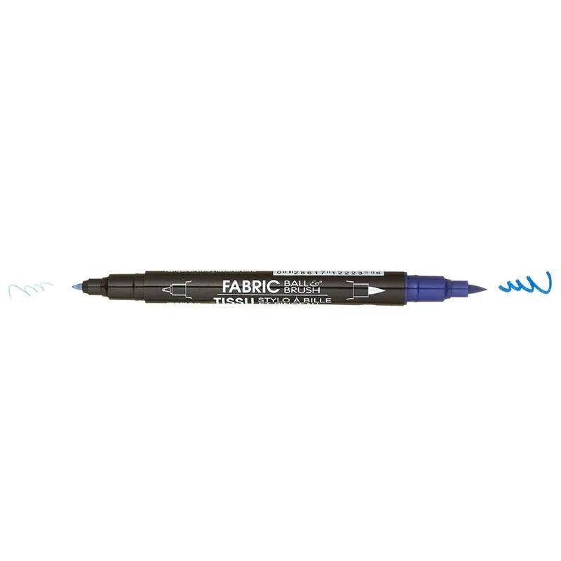 The United Notions Marvy Fabric Ball & Brush Marker features blue ink, a brush tip on one end and a bullet tip on the other—each creating vibrant blue squiggles.