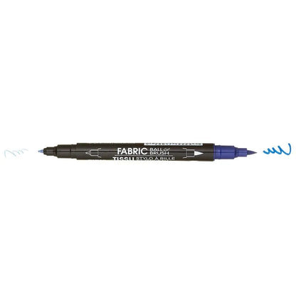 The United Notions Marvy Fabric Ball & Brush Marker features blue ink, a brush tip on one end and a bullet tip on the other—each creating vibrant blue squiggles.