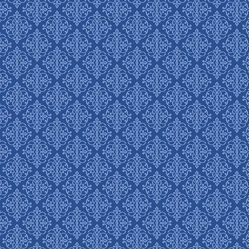 Mini Medallion Medium Blue Fabric Yardage features a seamless blue pattern with ornate, symmetrical floral motifs in a diamond grid—elegant, intricate detail perfect for stylish decorative projects.