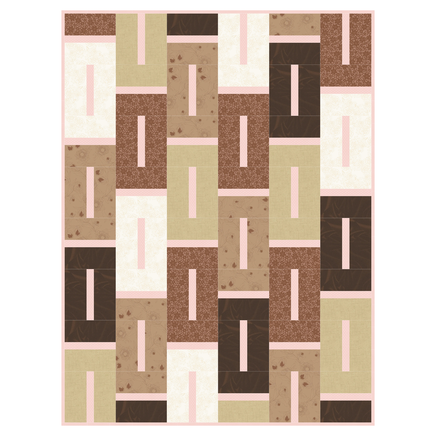 The Blush & Burlap Quilt Kit by Quilted Joy features rectangular blocks in brown, beige, cream, and olive, staggered and divided by contrasting strips for a bold geometric look.