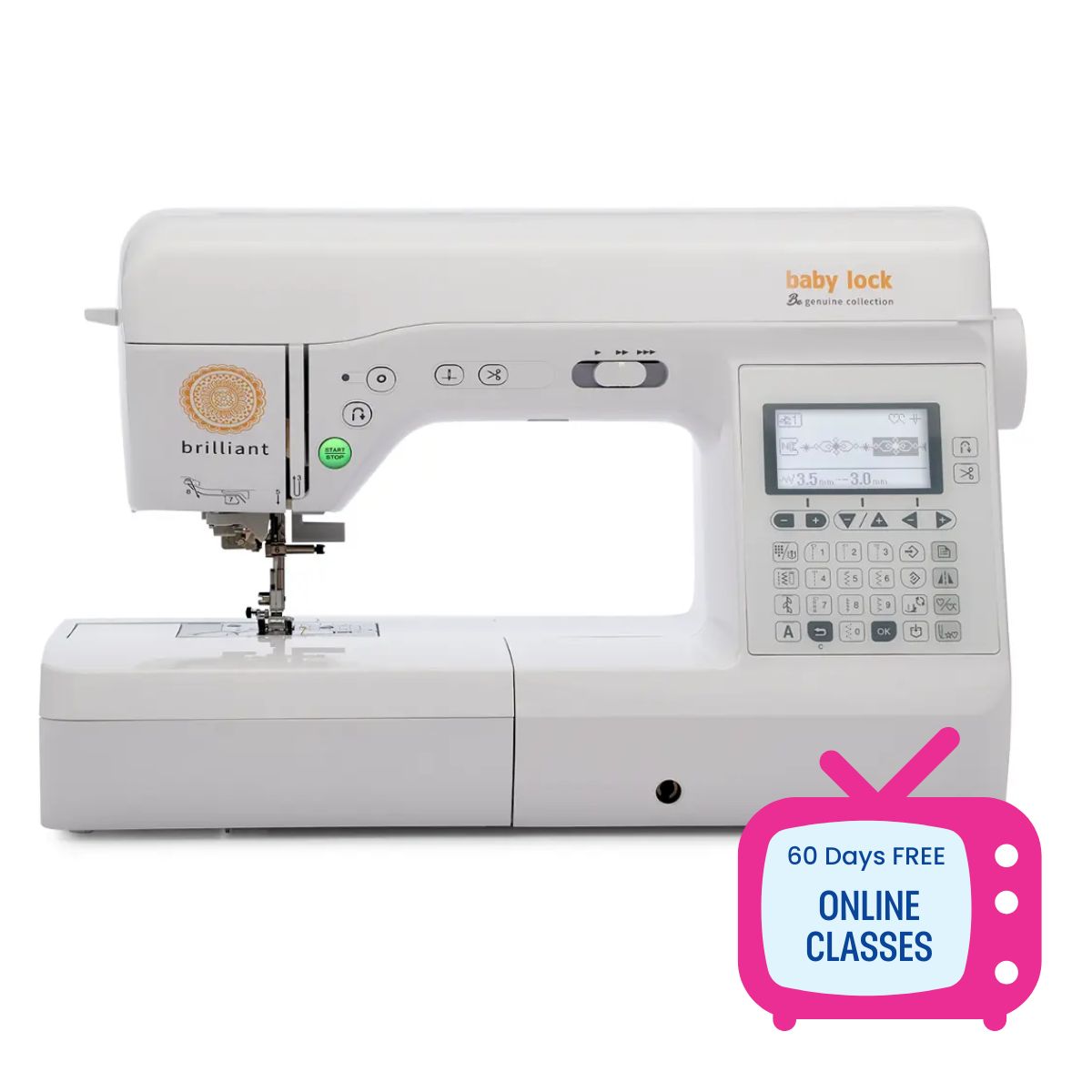 The Baby Lock Brilliant Sewing Machine in white features an LCD screen, button controls, and 190 stitches. A pink TV graphic displays “60 Days FREE ONLINE SEWING CLASSES.” Brand: Baby Lock.