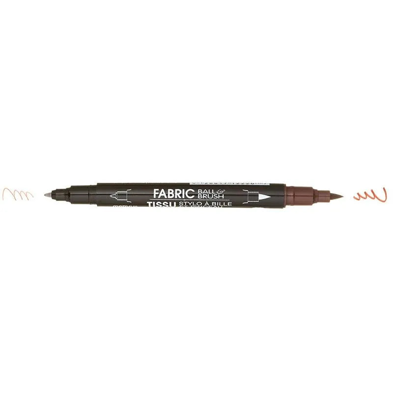 The United Notions Marvy Fabric Ball & Brush Markers feature a double-ended design with a bullet tip and brush tip, each drawing brown lines. Ideal for precise or bold designs, these markers deliver permanent results on fabric.