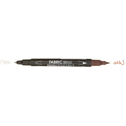 The United Notions Marvy Fabric Ball & Brush Markers feature a double-ended design with a bullet tip and brush tip, each drawing brown lines. Ideal for precise or bold designs, these markers deliver permanent results on fabric.
