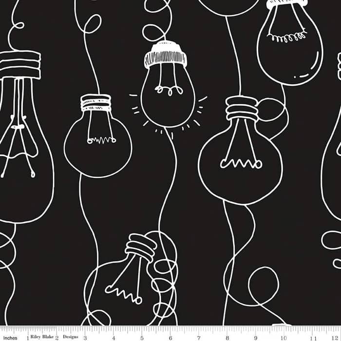 Coffee Chalk Cafe Bulbs Black Fabric Yardage