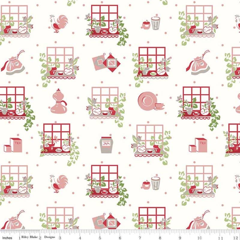 Cook Book Window Coral Fabric Yardage