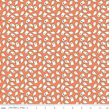 Spooky Schoolhouse Ghosts Orange Fabric Yardage