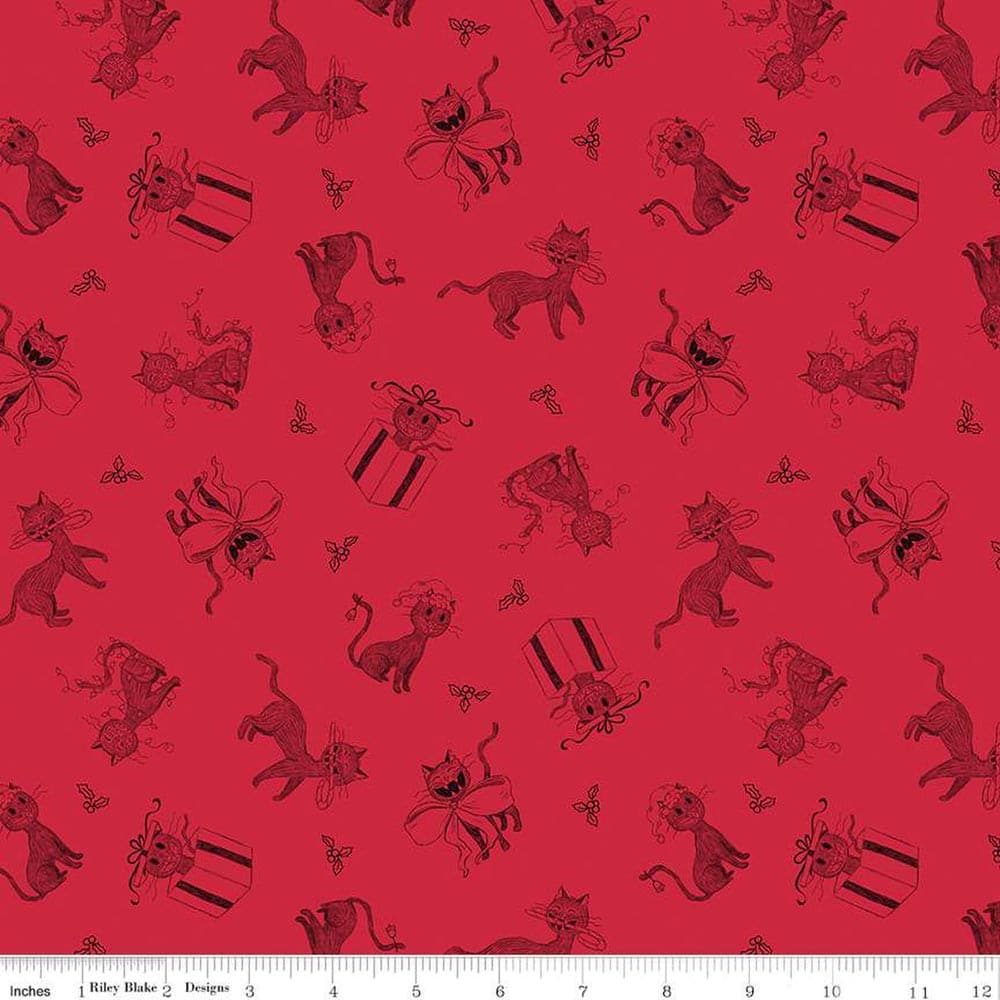 Christmas With Scaredy Cat Toss Red Fabric Yardage Product Photo