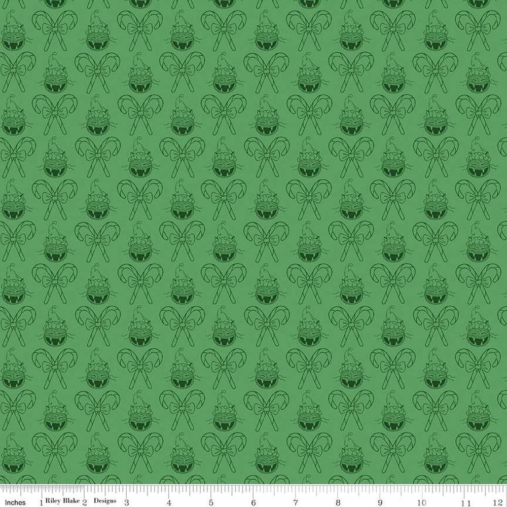 Christmas With Scaredy Cat Cat And Canes Green Fabric Yardage Product Photo