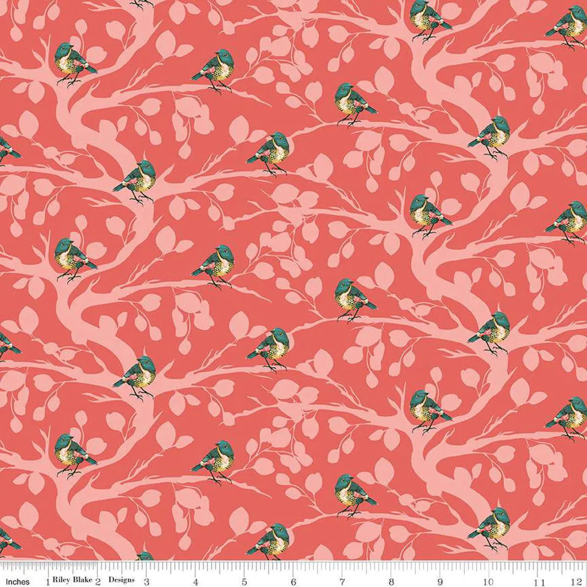 Porch Swing Coral Birds and Branches Fabric Yardage