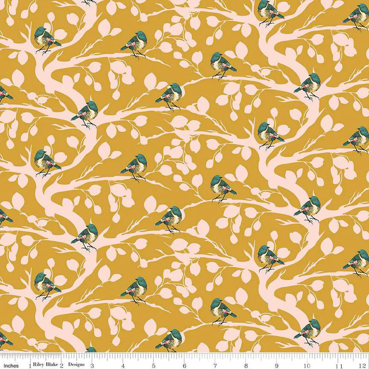 Porch Swing Mustard Birds and Branches Fabric Yardage