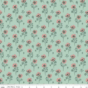 Porch Swing Botanical Anemones Mint Fabric Yardage