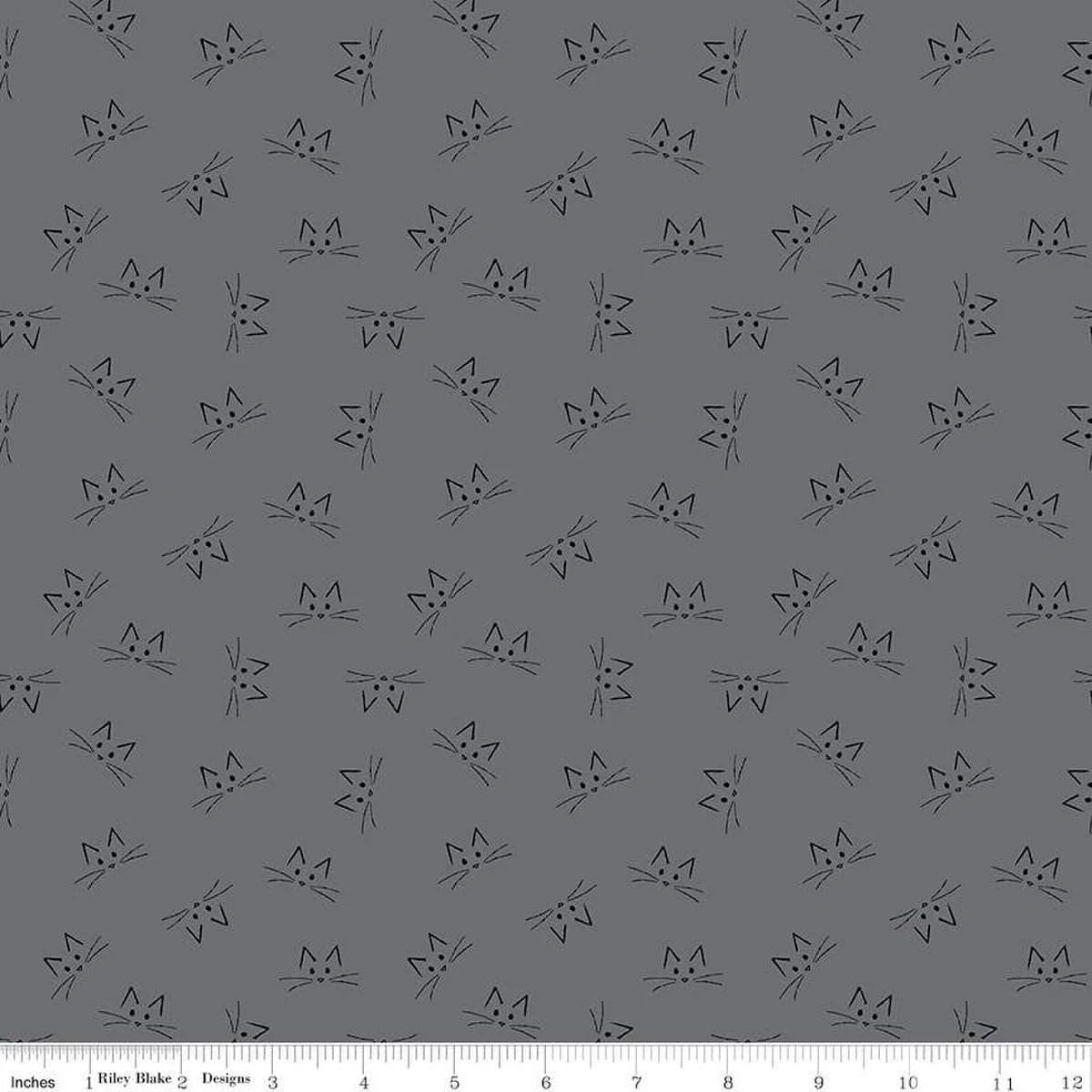 Riley Blake’s Blackout Gray Cat Face Fabric Yardage features simple black cat faces on gray, drawn with thin lines. Includes a bottom-edge ruler for scale—ideal for Halloween quilting and craft projects.