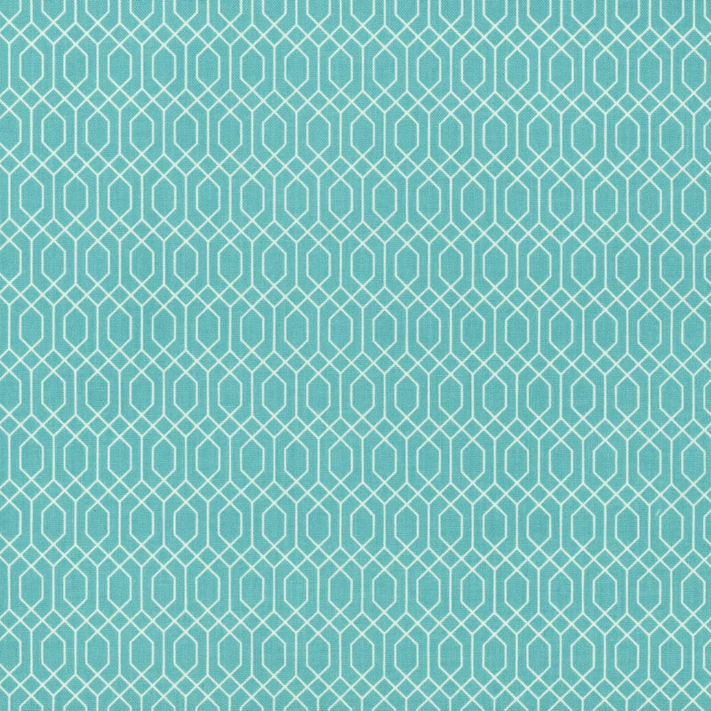 A teal background with a geometric pattern of white interlocking hexagons and diamonds, inspired by Riley Blake’s Essence Cottage Lattice Fabric Yardage—ideal for modern, symmetrical quilting cotton projects.