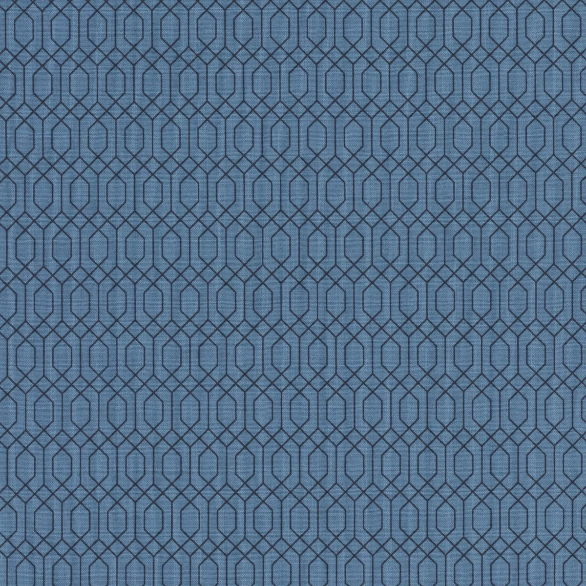 Essence Denim Lattice Fabric Yardage by Riley Blake features blue denim fabric with a geometric interlocking hexagon pattern in black—perfect for quilting or projects inspired by Riley Blake’s modern style.