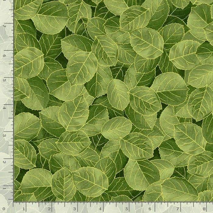 Packed Leaves Green Metallic Fabric Yardage