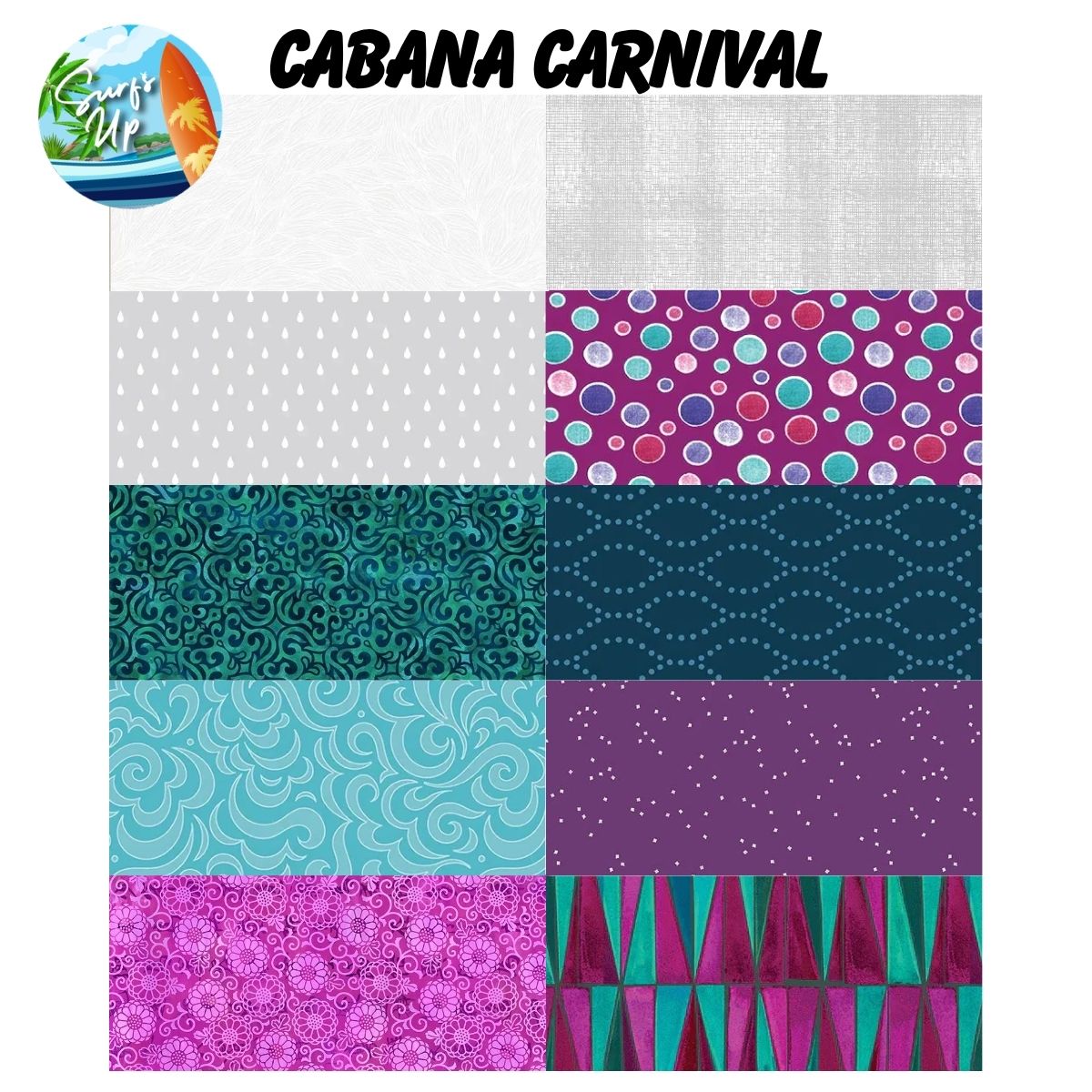 A grid of ten vibrant fabrics from the Quilted Joy Mystery Five-0 Mega Mystery Surfs Up Cabana Carnival bundle shows swirls, dots, and geometric designs in aqua, teal, purple, and magenta with a surf-themed logo in the top left corner.
