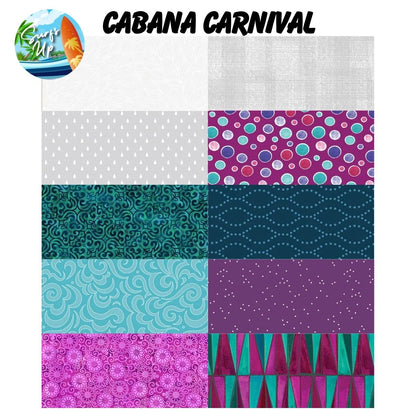 A grid of ten vibrant fabrics from the Quilted Joy Mystery Five-0 Mega Mystery Surfs Up Cabana Carnival bundle shows swirls, dots, and geometric designs in aqua, teal, purple, and magenta with a surf-themed logo in the top left corner.