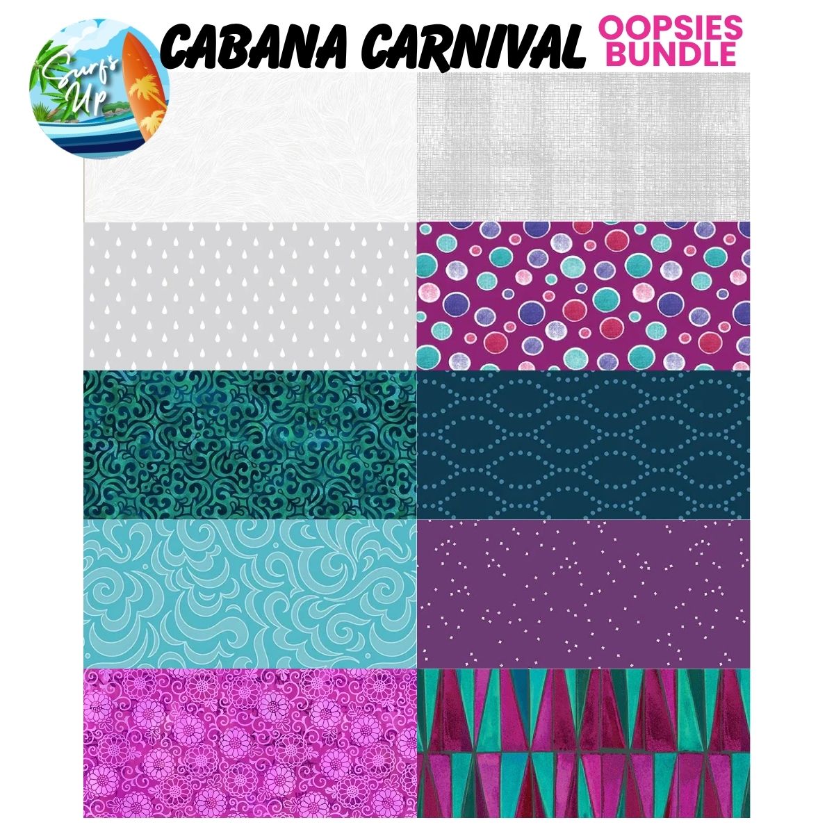 The Quilted Joy Mystery Five-0 Mega Mystery Cabana Carnival Oopsies! FQ Fabric Bundle features 10 rectangular fabrics in assorted colors and patterns—dots, swirls, waves, and geometrics—ideal for fat quarters.