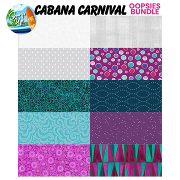 The Quilted Joy Mystery Five-0 Mega Mystery Cabana Carnival Oopsies! FQ Fabric Bundle features 10 rectangular fabrics in assorted colors and patterns—dots, swirls, waves, and geometrics—ideal for fat quarters.