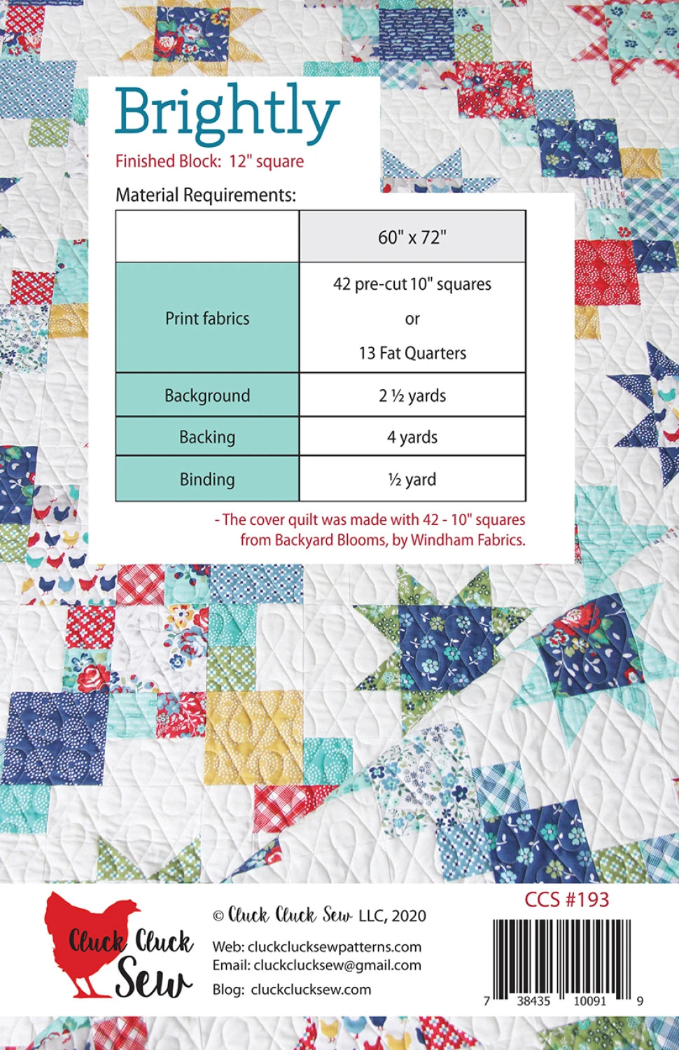 The Brightly Quilt Pattern, featuring a vibrant star and chain design made from small patterned squares and stars, is shown behind a supply list with dimensions and fabric requirements from Cluck Cluck Sew.