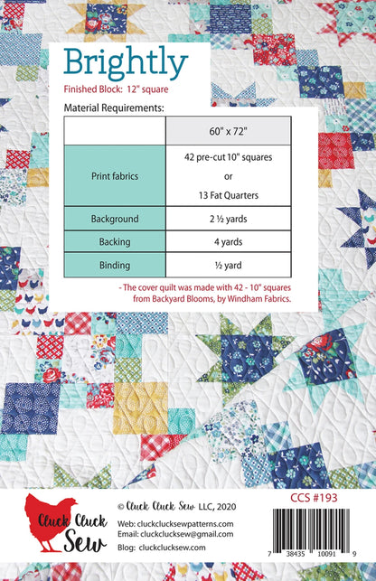 The Brightly Quilt Pattern, featuring a vibrant star and chain design made from small patterned squares and stars, is shown behind a supply list with dimensions and fabric requirements from Cluck Cluck Sew.