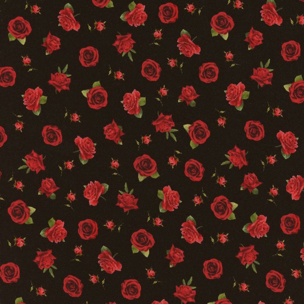 Small Roses Tossed Black Fabric Yardage