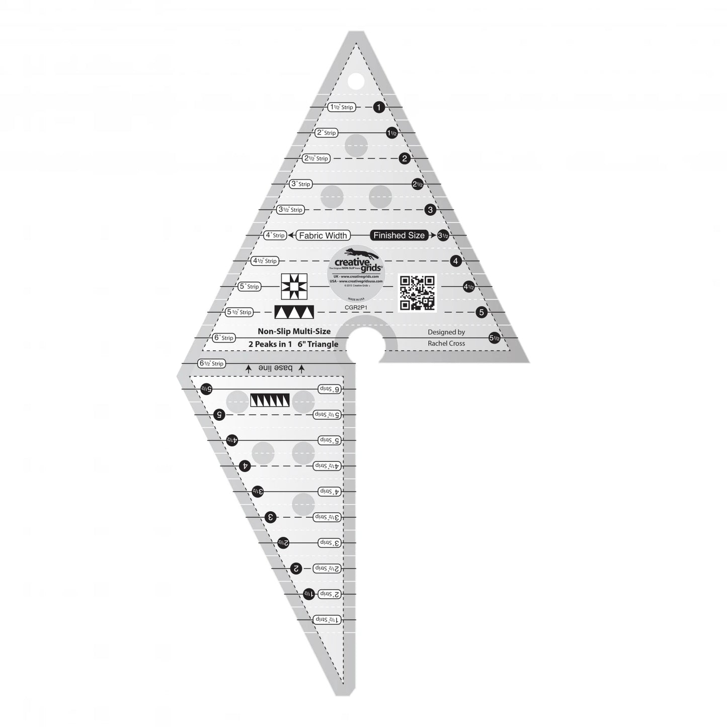 The Creative Grids Quilt Ruler 2 Peaks in 1 Triangle by Checker Distributor is a gray, two-piece ruler with black markings, labeled sizes, instructions for fabric width and finished size, forms a diamond shape for triangle-in-a-square blocks, and has a hanging hole.