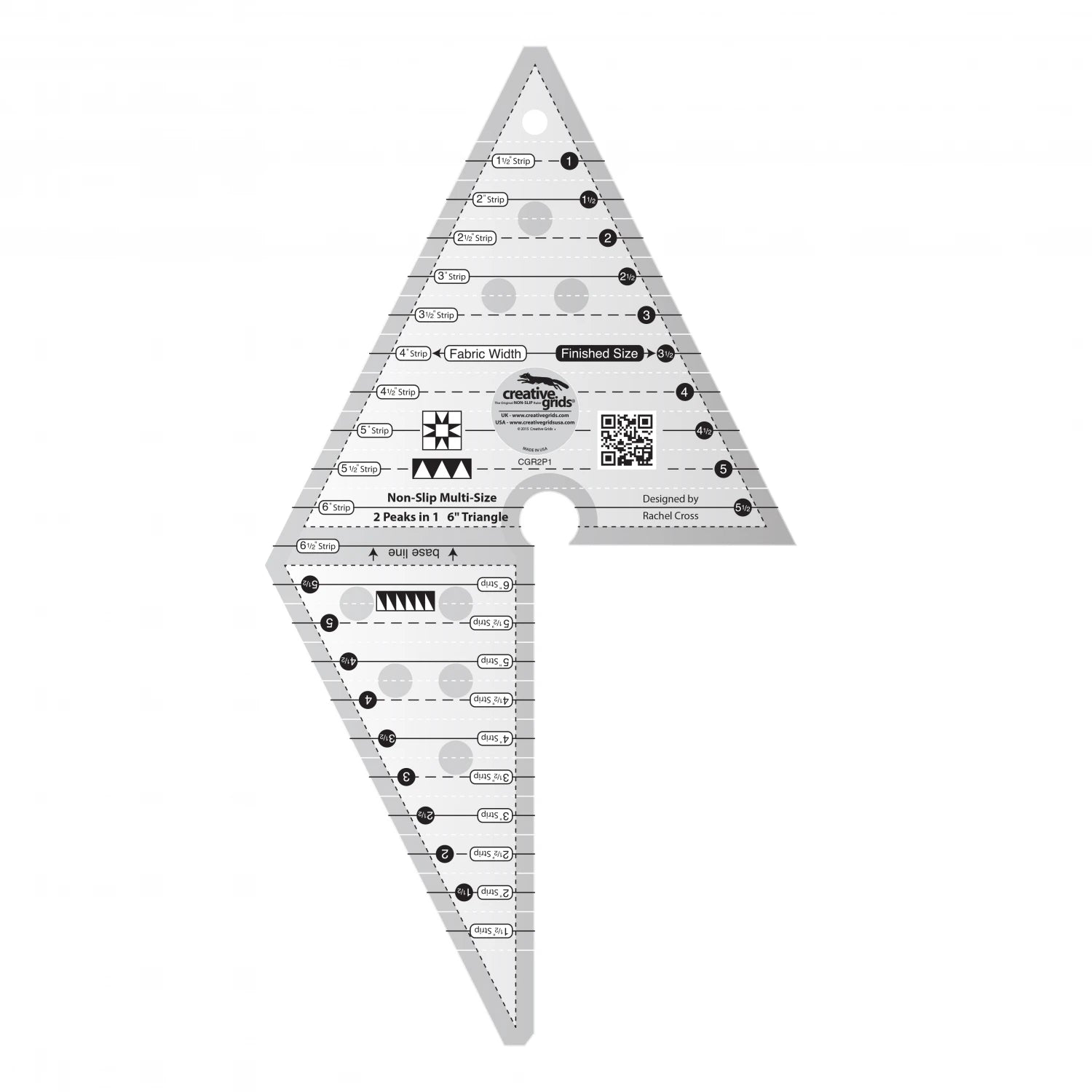 The Creative Grids Quilt Ruler 2 Peaks in 1 Triangle by Checker Distributor is a gray, two-piece ruler with black markings, labeled sizes, instructions for fabric width and finished size, forms a diamond shape for triangle-in-a-square blocks, and has a hanging hole.